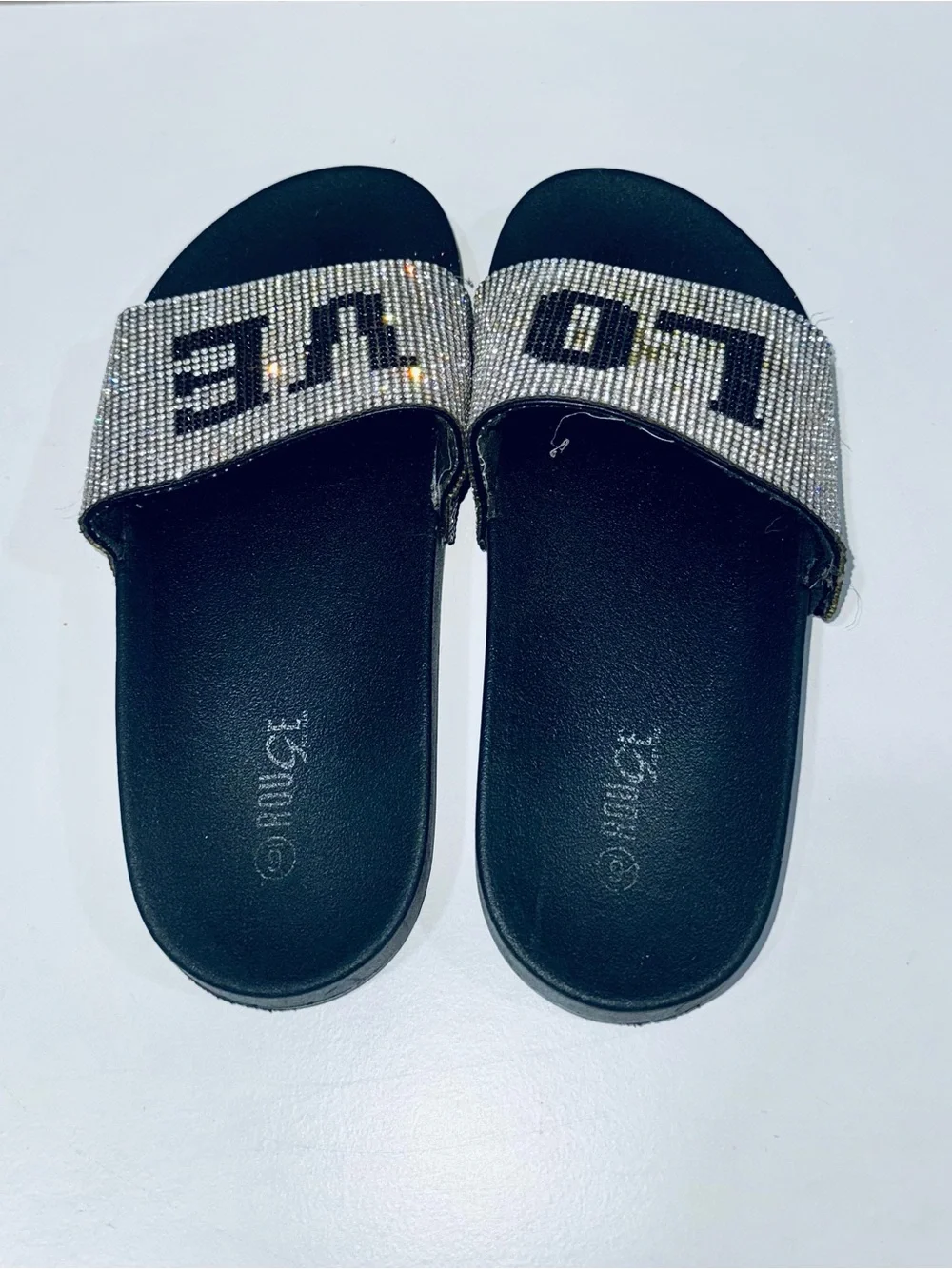 Women’s Rhinestone LOVE Slide Sandals Size 6 Black Slip-On Slides